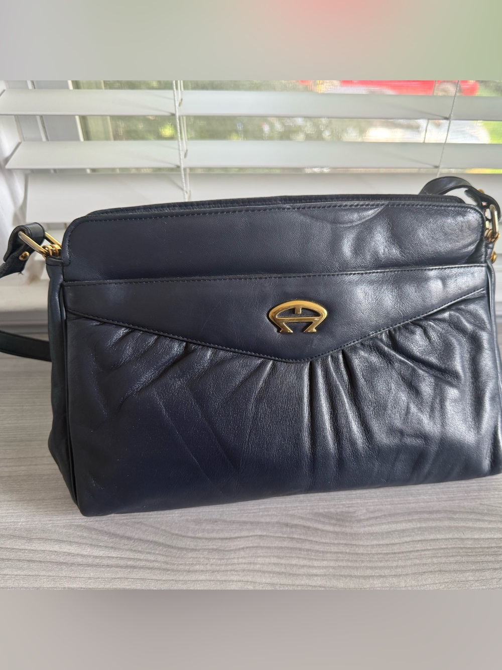 Etienne Aigner Navy Leather Crossbody with Gold Logo